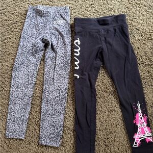 Old Navy Gray Leopard Legging & Justice Black Legging with Pink Eiffel Graphic